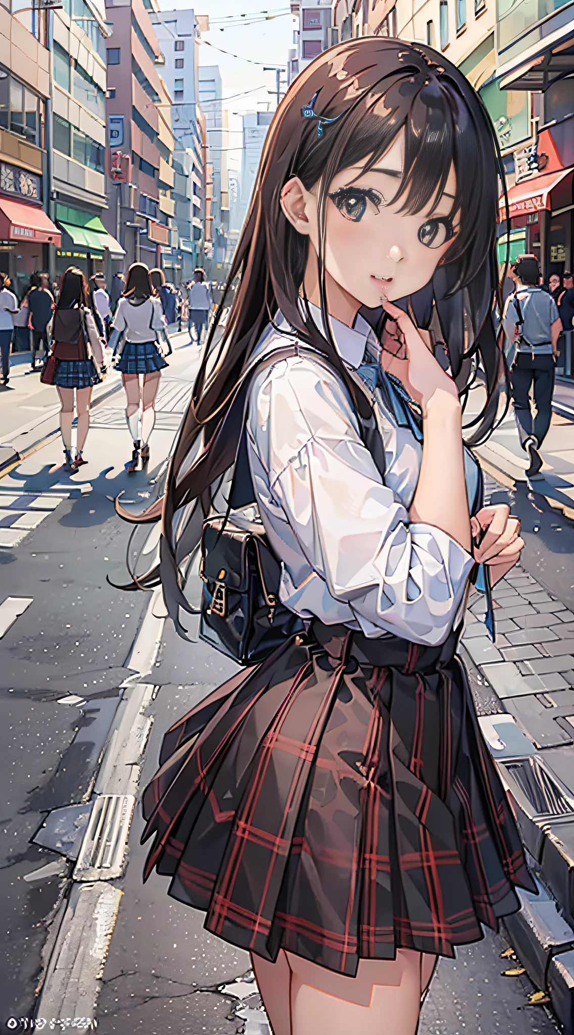 (8k、Raw photography、top-quality、​masterpiece:1.2)、Illustration Touch、Ultra-detail、超A high resolution、1 girl、dark brown  hair、azure eyes、In the street、High school students、Uniforms、plaid skirts、rides a bike