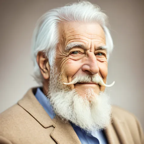 an elder with a beard and white hair, sorrindo, olhar produndo, retrato, perto do rosto