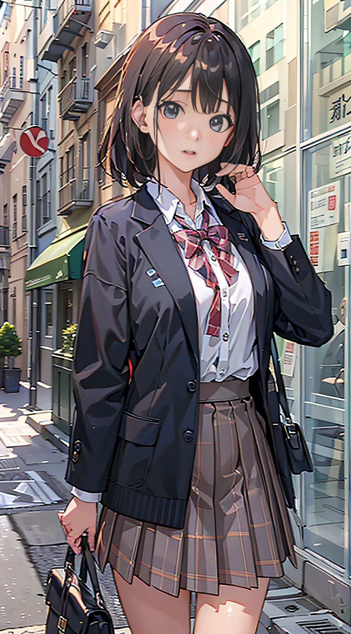 (8k、Raw photography、top-quality、​masterpiece:1.2)、Illustration Touch、Ultra-detail、超A high resolution、1 girl、dark brown  hair、azure eyes、In the street、High school students、Uniforms、Plaid skirt