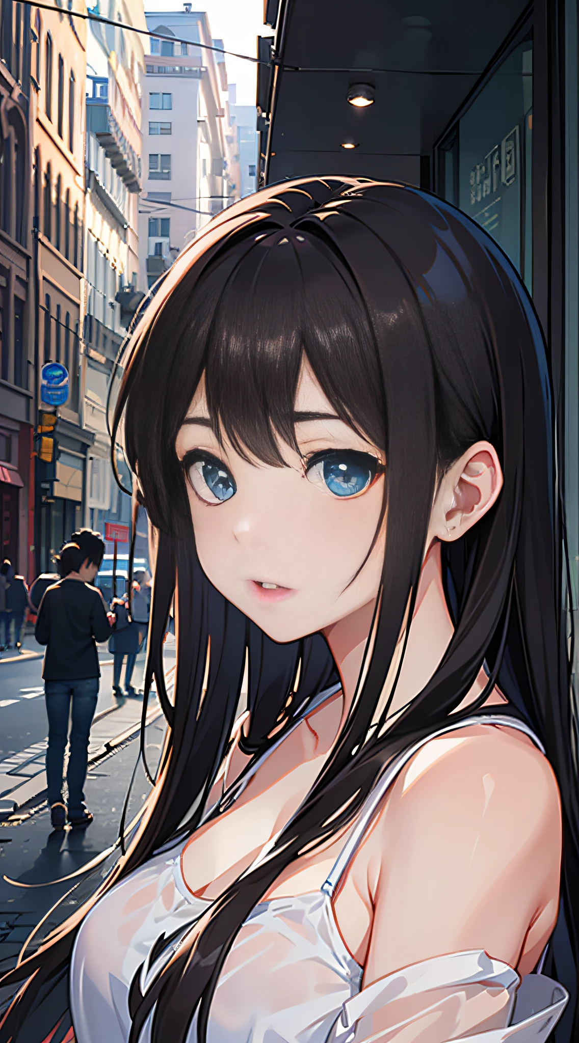 (8K、Raw photography、top-quality、​masterpiece:1.2)、Illustration Touch、ultra-detailliert、超A high resolution、女の子1人、dark brown  hair、azure eyes、In the street、stroll、Casual clothing