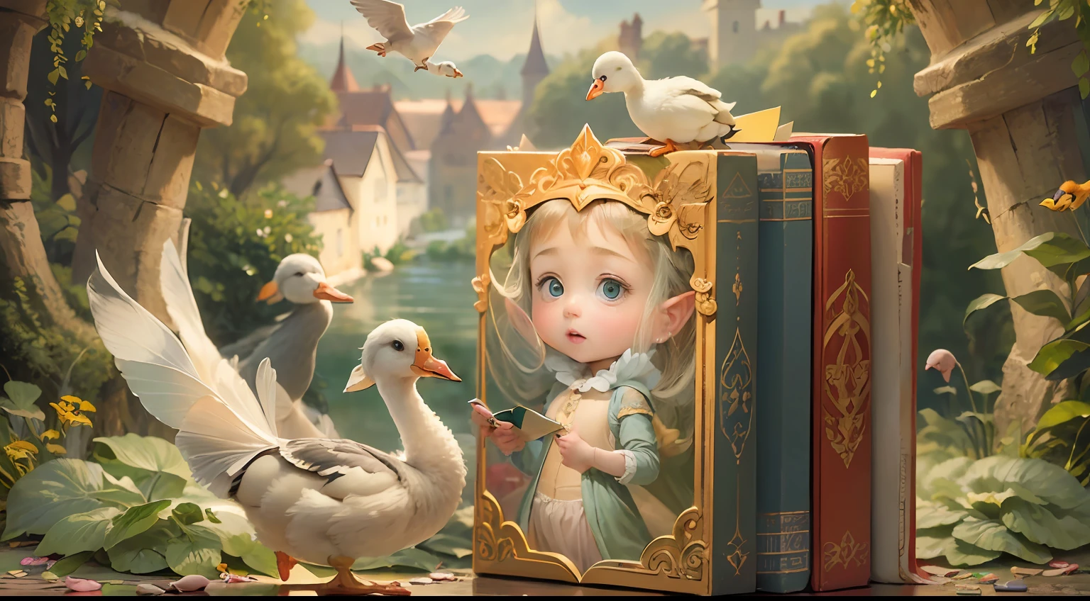 ((Mastpicek)), ((Best quality), 8 k'', High detail, super super detail, rich details​, A fairy tale book，On the cover are ugly ducklings and little girls selling matches，And the emperor's new clothes，