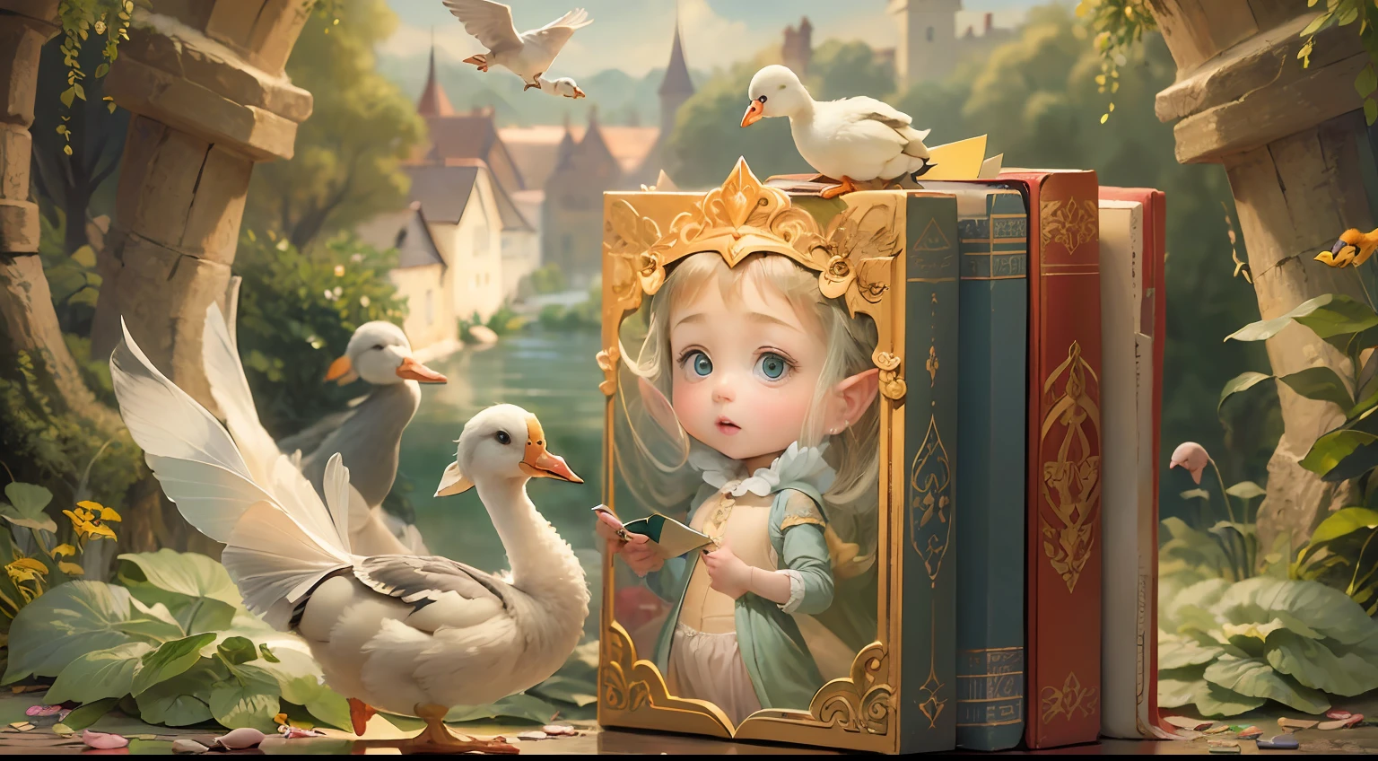 ((Mastpicek)), ((mejor calidad), 8k&#39;&#39;, alto detalle, súper súper detalle, Ricos detalles, un libro de cuento de hadas，En la portada aparecen patitos feos y niñas vendiendo cerillas.，Y el traje nuevo del emperador，