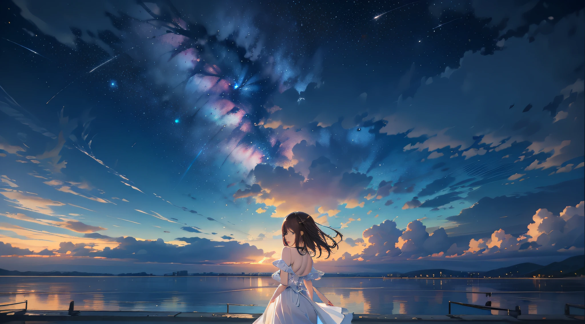 8K、Raw photography、top-quality、​masterpiece:1.2)、Illustration Touch、ultra-detailliert、超A high resolution、(wide-angle lens)、女の子1人、posterior view、silhuette、dark brown  hair、azure eyes、sea side、nigh sky、milkyway、Simple white dress