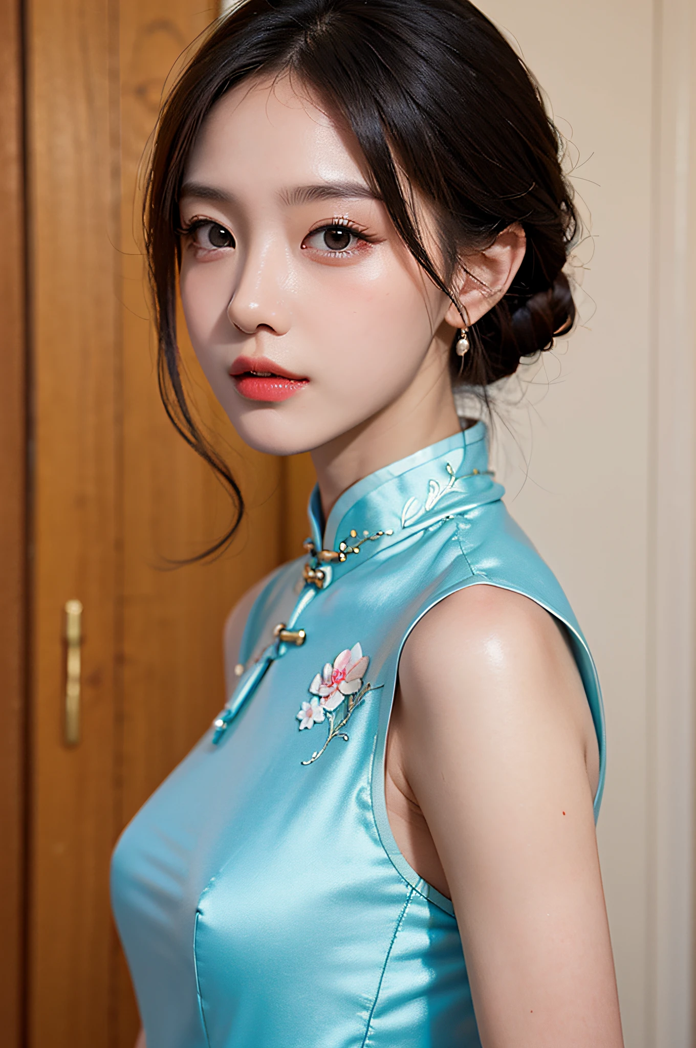 （Hyperrealistic,）4K,35mm，hyper-high detail, Professional lighting, Best quality, Ultra-high resolution, Visually stunning, (1girll:1.3), National style （on cheongsam）,realskin,（Perfect body 1.3）Ultra-delicate face。