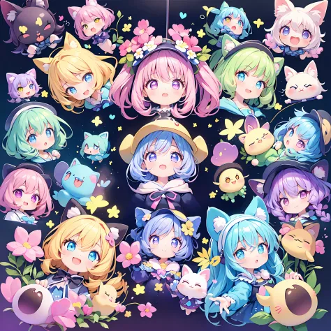 masterpiece, (million 2girls and 2girls and 2girls and 2girls), idol, closeup, big eyes, kawaiitech, kawaii, cute, pastel colors, best quality, happy, deep background, symmetrical, tilted head, spring