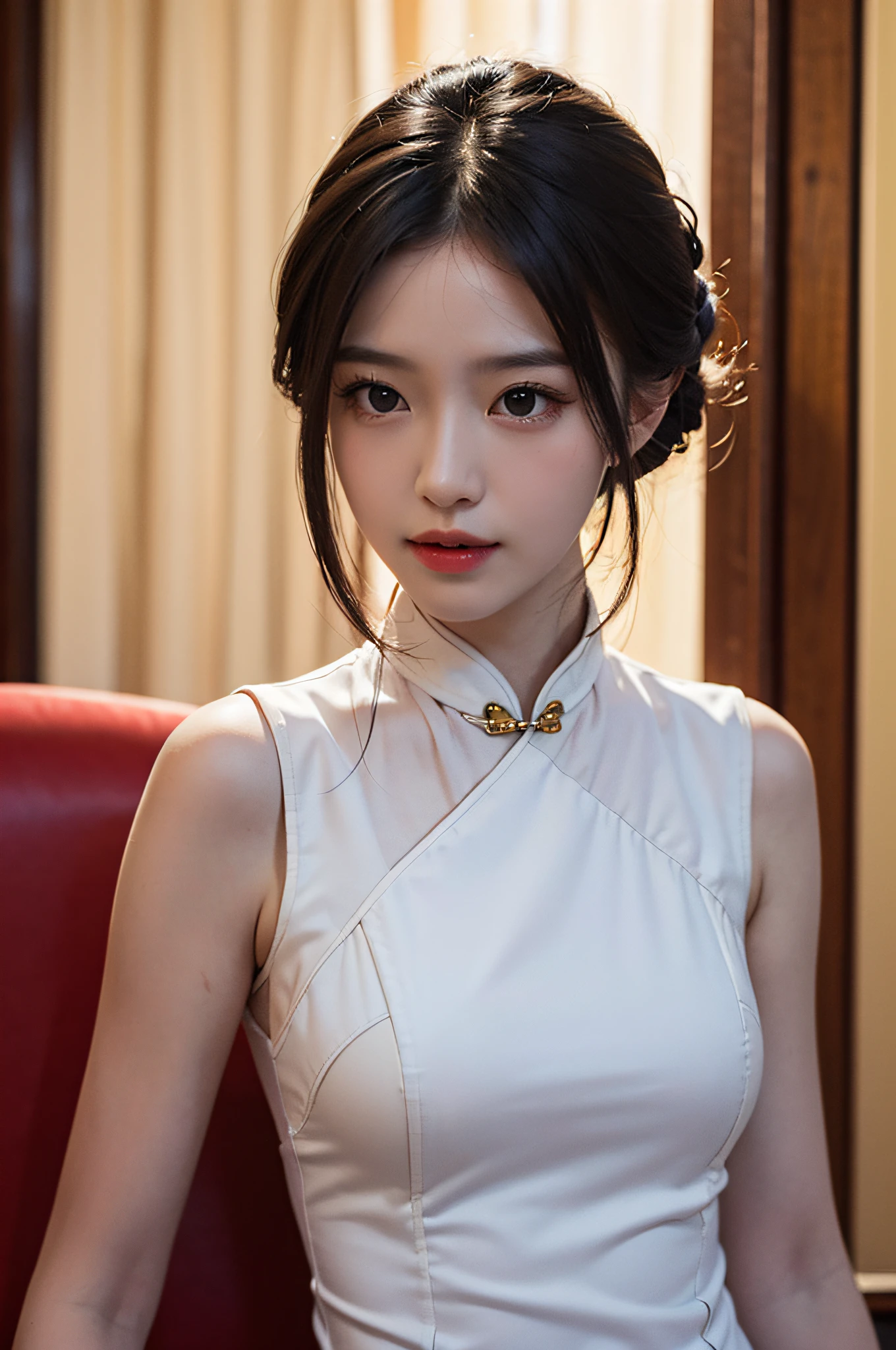 （Hyperrealistic,）4K,35mm，hyper-high detail, Professional lighting, Best quality, Ultra-high resolution, Visually stunning, (1girll:1.3), National style （on cheongsam）,realskin,（Perfect body 1.3）Ultra-delicate face。