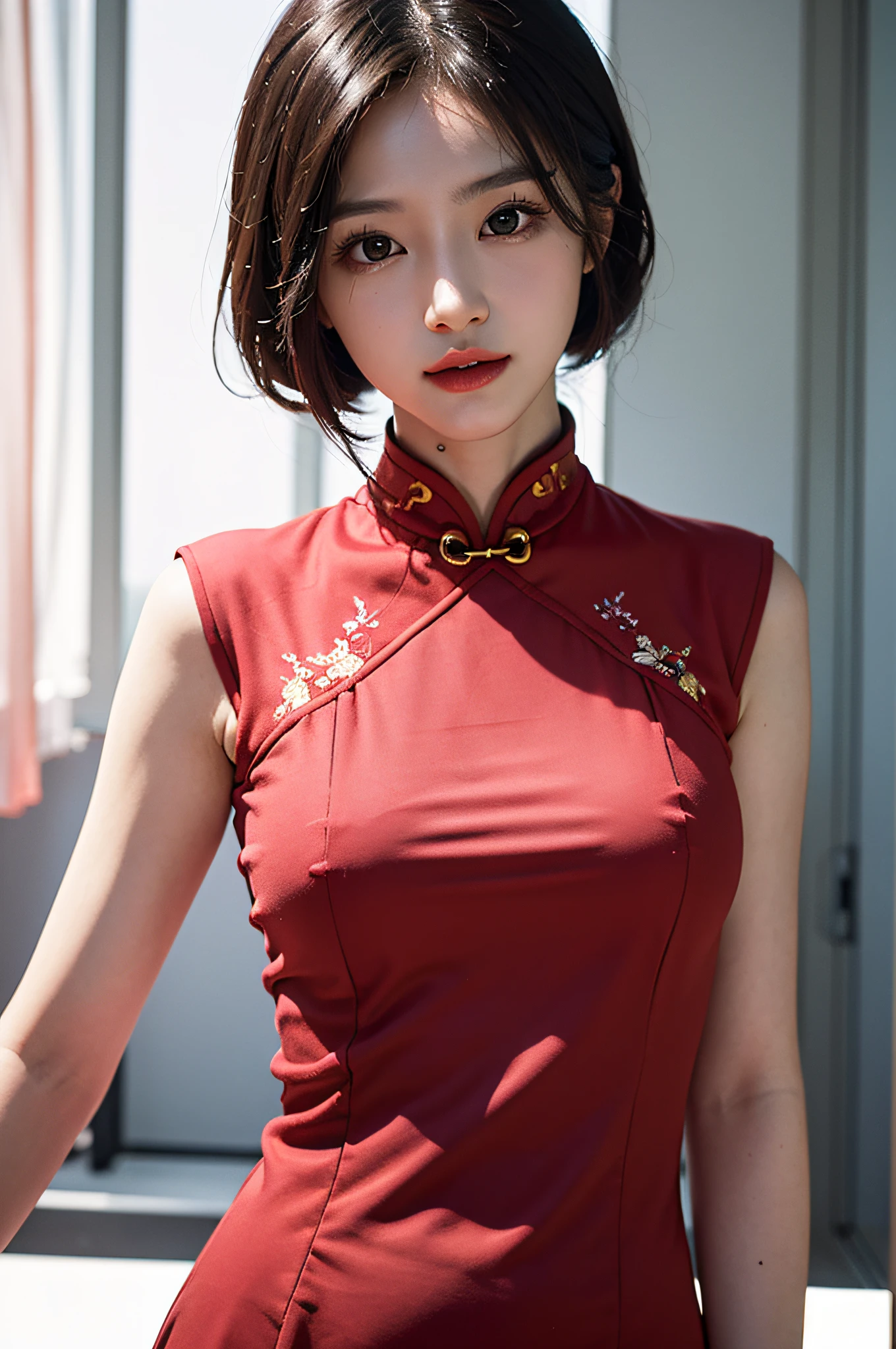 （Hyperrealistic,）4K,35mm，hyper-high detail, Professional lighting, Best quality, Ultra-high resolution, Visually stunning, (1girll:1.3), National style （on cheongsam）,realskin,（Perfect body 1.3）Ultra-delicate face。