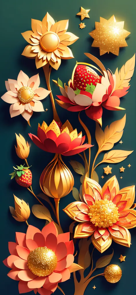 ((((Masterpiece))), Best quality, Illustrations, Beautiful details glow, Gold glitter, Paper_cut, morango, Strawberry flowers, Sun, Sunlight
