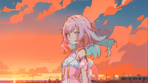 Anime girl standing on the beach，The background is sunset, lofi-girl, ((Sunset)), style of anime4 K, watching the sunset. Anime,...