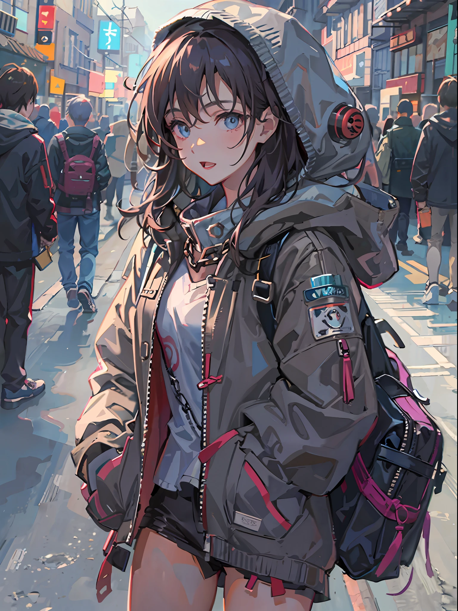 1girl in, jaket, Sateen, Plein Air, parka, Open jacket, chain, backsack, Look at another one, hair messy, Trending on ArtStation, 8K resolution, Highly detailed and anatomically correct, Sharp Images, digitial painting, concept-art, trending on pixiv, style of makoto shinkai,neons