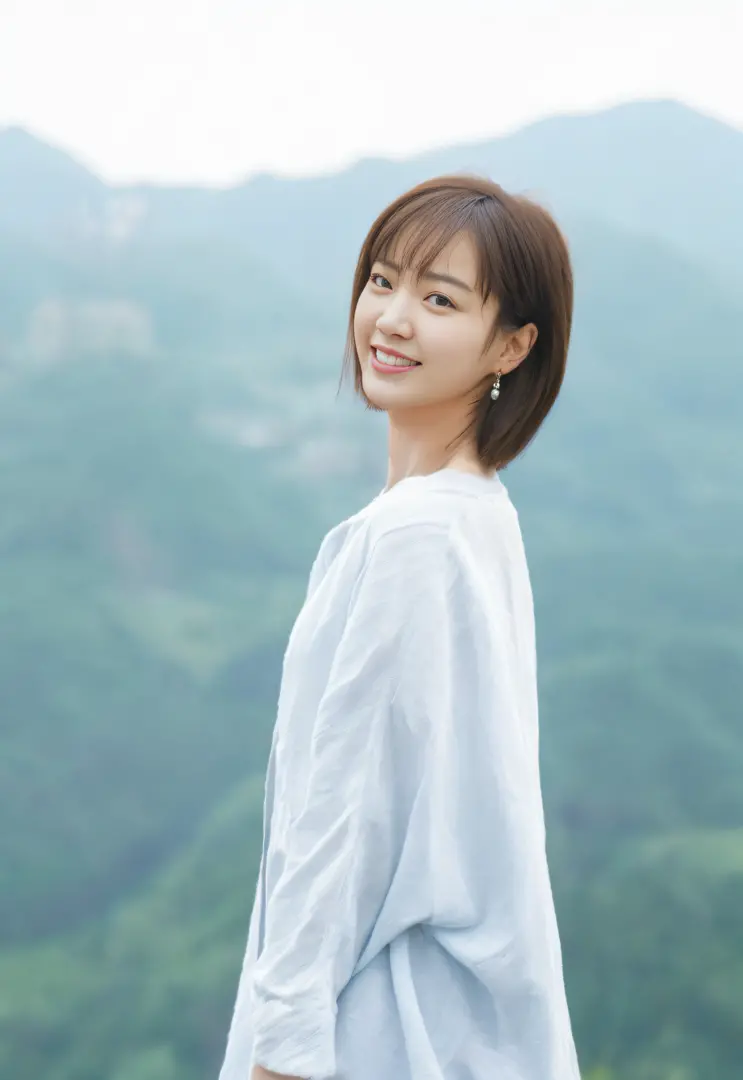 Woman with short hair standing on top of a mountain, with short hair, shin min jeong, Lee Ji-eun, lee ji eun, park jimin, sun yu...