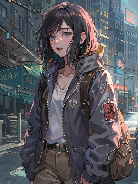 1girl in, jaket, Sateen, plein air, parka, Open jacket, chain, rucksack, Look at another one, hair messy, Trending on ArtStation, 8K分辨率, Highly detailed and anatomically correct, Sharp Images, digitial painting, concept-art, trending on pixiv, style of mak...