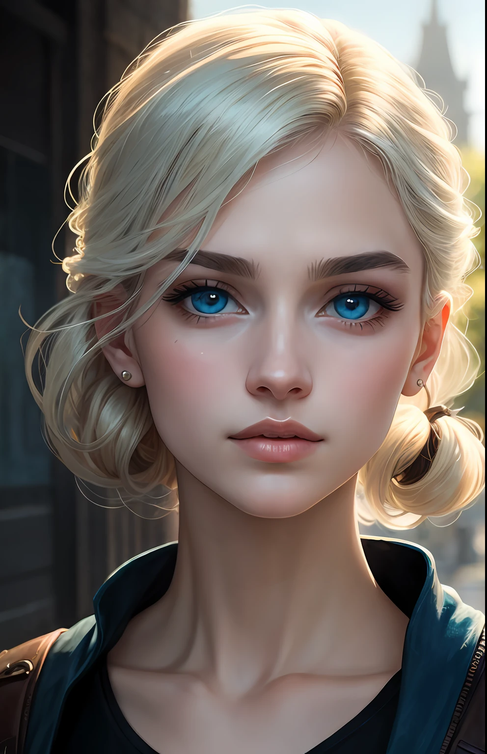 animesque、２０Beautiful woman of age、Moisturized eyes、ciri、a picture、Androgynous Hunnuman、oval jaw、Delicate features、beautiful countenance、The hair、long bangs、long pony tail、Bright blue eyes、LDS Art