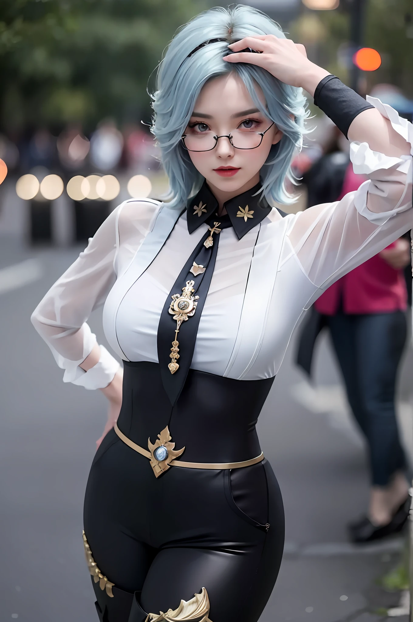 （realisticlying：1.4）， RAW photogr， 1girll， Golden eyes， blue hairs， （glasses on head）， The shirt， shorter pants， lacepantyhose， Boots， deep shading， 详细的脸， Detailed eyes， depth of fields， Bokeh， vibrant detail， finedetail， hyper realisitc， 35mm film， Hazy and blurry， The upper part of the body， tmasterpiece， Ultra photo realsisim，32K，Very detailed CG unity 8K wallpaper， best qualtiy