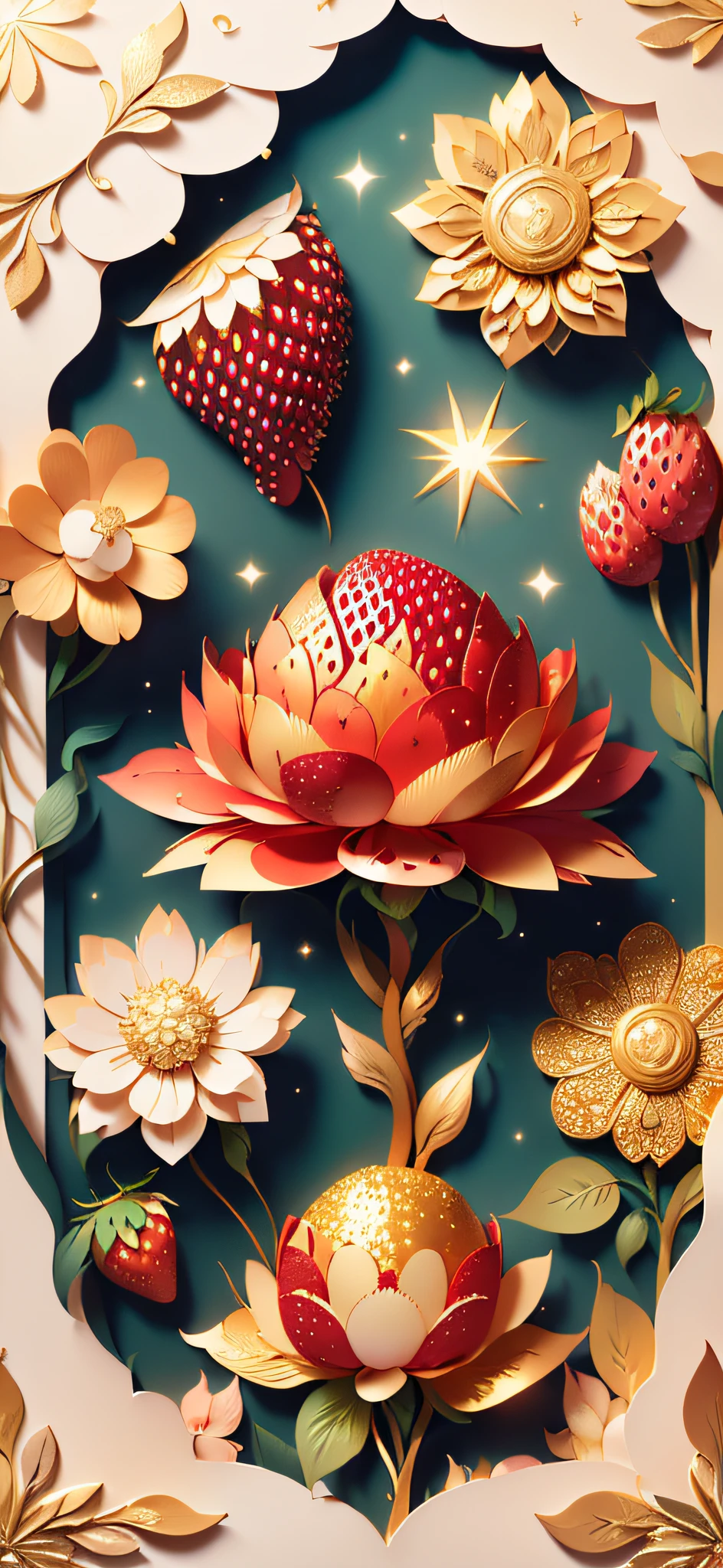 ((((Masterpiece))), Best quality, Illustrations, Beautiful details glow, Gold glitter, Paper_cut, morango, Strawberry flowers, Sun, Sunlight