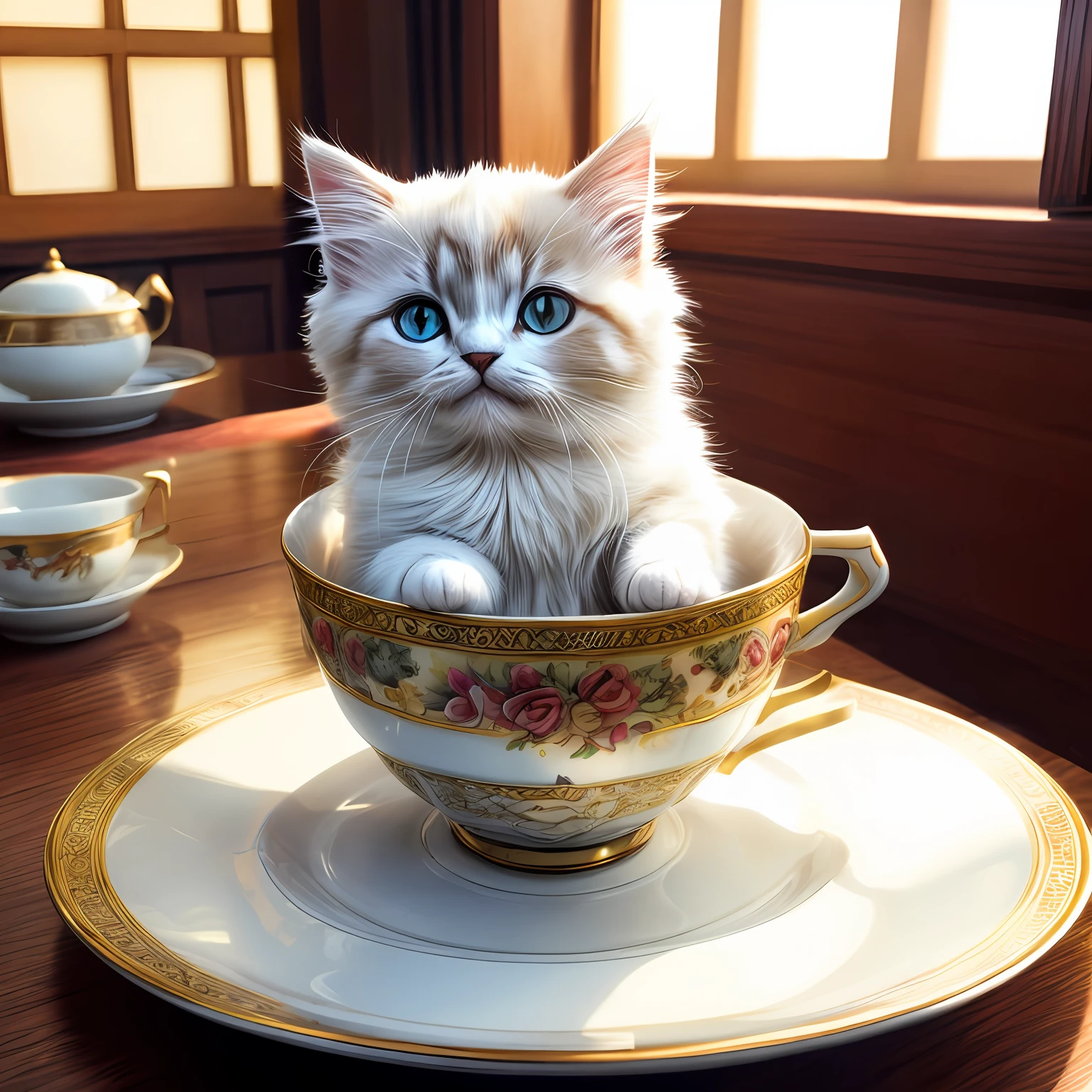 Cat, (Himalayan), (Small)))), in a teacup, Face, Front paws out, 8K ...