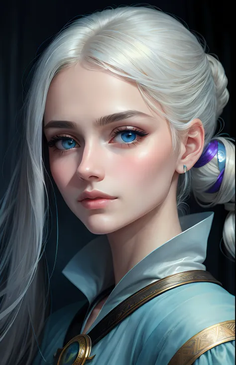 animesque、One person２０Beautiful woman of age、Moisturized eyes、ciri、a picture、Androgynous Hunnuman、oval jaw、Delicate features、beautiful countenance、The hair、long bangs、long pony tail、Blue eyes with beautiful shine、LDS Art