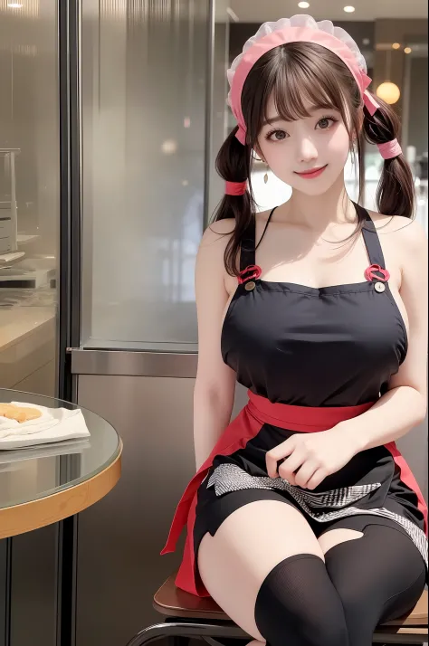 ((22 y.o girl in a apron)), (kpop idol), sitting on chair, dynamic pose, pale skin, (((natural breasts, big breasts))), (aegyo s...