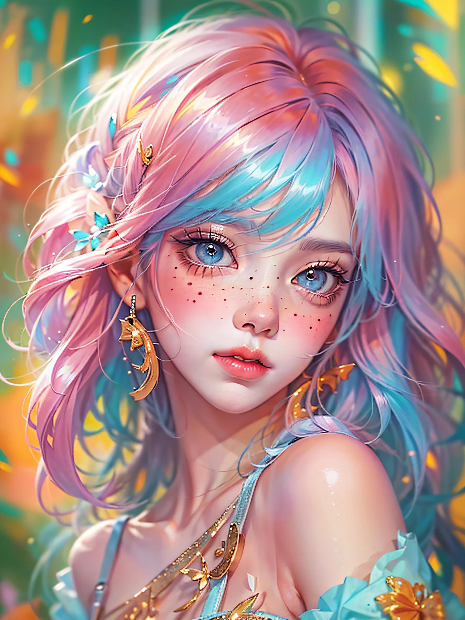 ((ultra detailed)),((Bright eyes)), (Detailed eyes) , 8k, blink blink, (The Little Faux Freckles Makeupgirl), ((realistic skin)), ((focus detailed 2 straps on the shoulders of dress)) , ((shiny facial skin)), with colorful hair and a colorful dress, rossdraws pastel vibrant, rossdraws cartoon vibrant, style anime 8k, beautiful portrait, artgerm colorful!!!, ! dream artgerm, beautiful anime girl, styled digital art, art wallpaper 8k, digital art, extremely detailed artgerm,