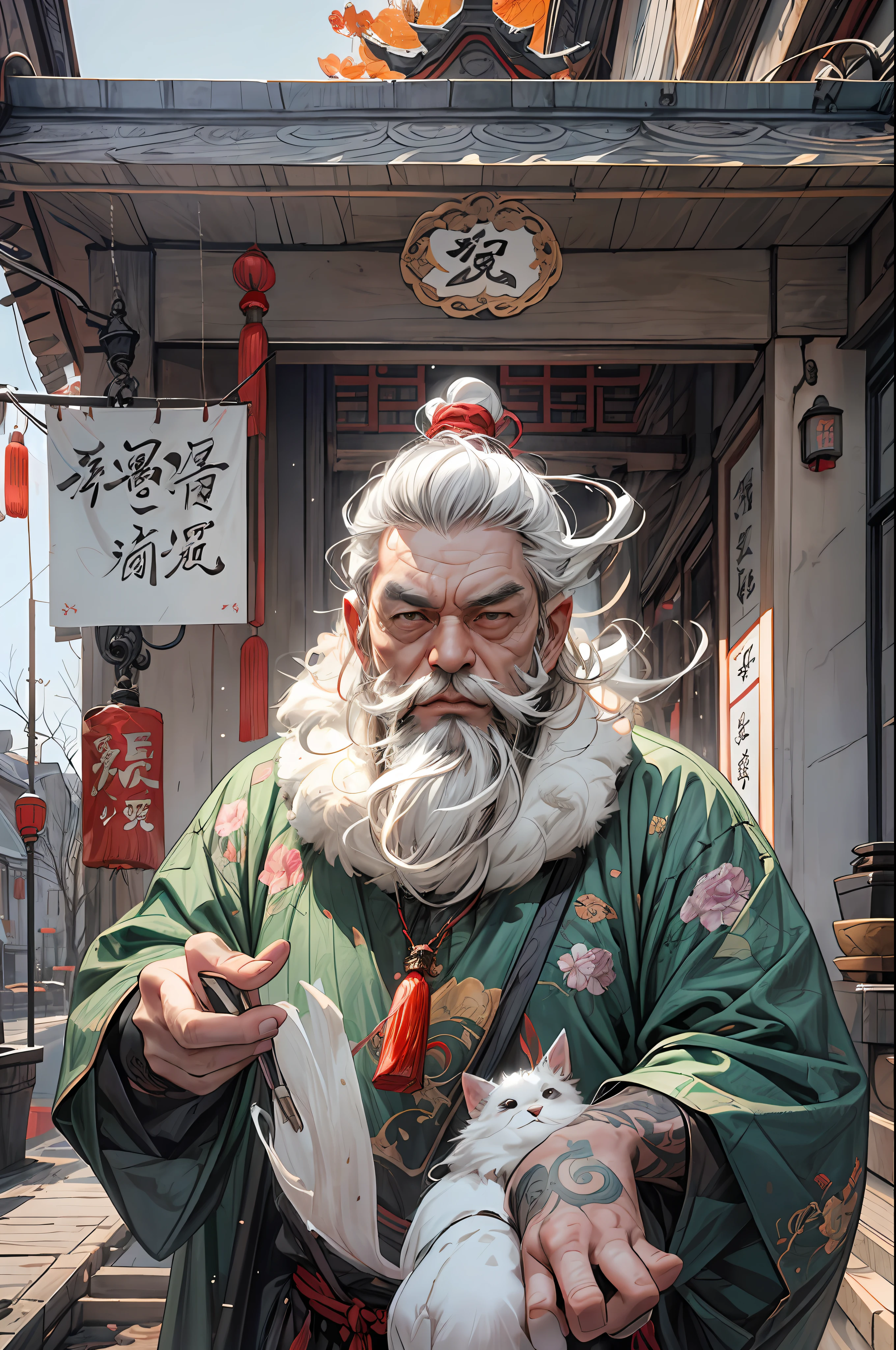 best qualityer，malefocus，（66-year-old Chinese grandfather：1.5），（chubbiness：2），1.5），（heavy breath：1.5），（largeeyes：1.5），The mouth is slightly open，（white body fur：1.5）（Long gray hair：1.5），（Long, bushy white beard：1.5），（wrinkly skin：1.5），（Tattooed with：1.5），highr，Triglycerides，（chubbiness），potbelly，plumw，The large， exteriors，  at twilight， Red sky， temple， Winters， pine woods