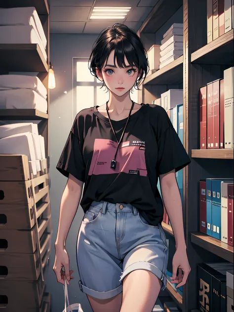 18 year old young girl : 1.3, short black hair: 1.2, Casual wear: 1.2, Daytime: 1.2, In the library: 1.2, Film lighting, Surrealism, UHD, ccurate, Super detail, textured skin, High detail, Best quality, 8k