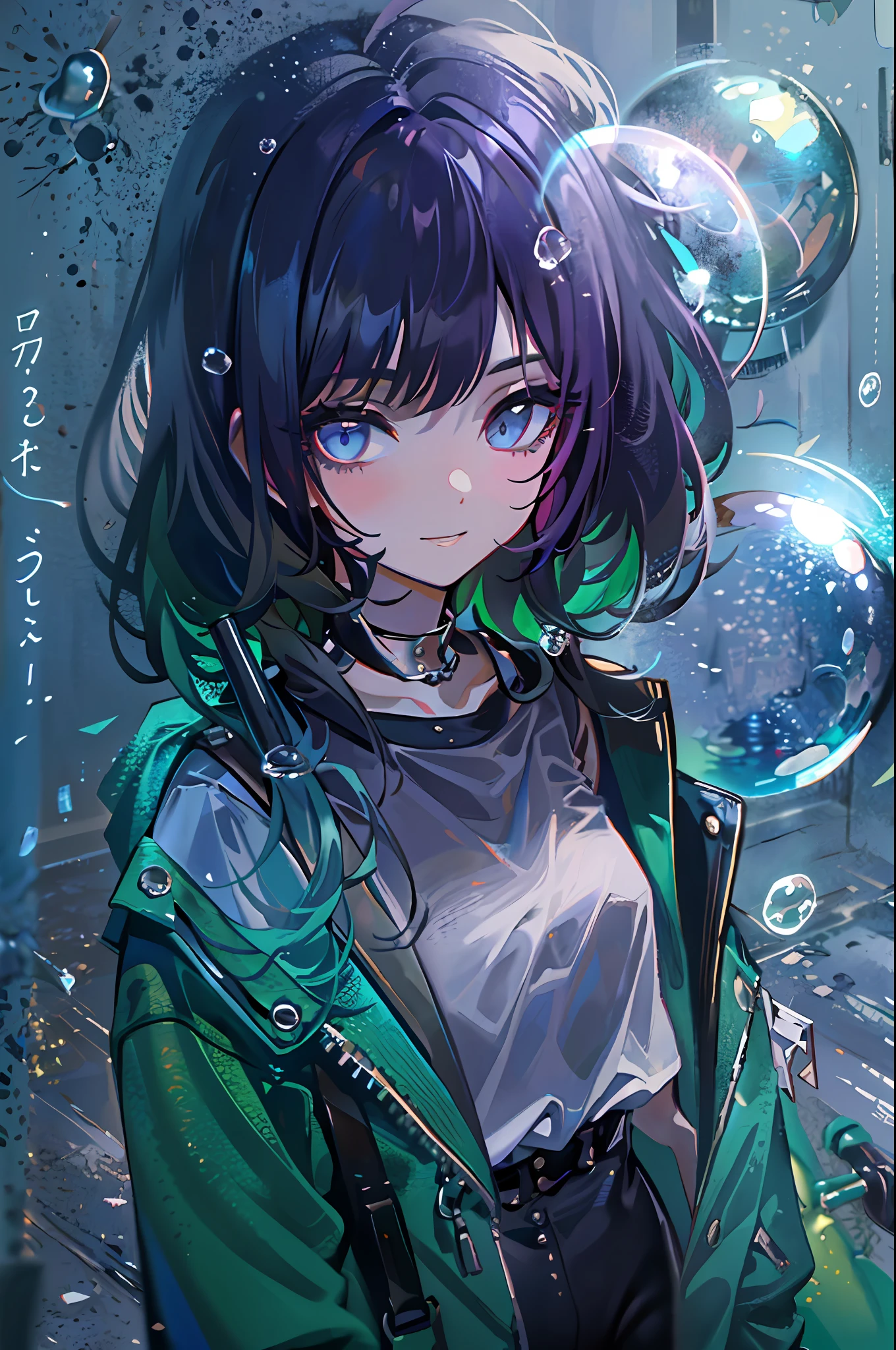 ((top-quality)), ((​masterpiece)), ((ultra-detailliert)), (extremely delicate and beautiful), girl with, 独奏, cold attitude,((Black jacket)),She is very(relax)with  the(Settled down)Looks,A dark-haired, depth of fields,evil smile,Bubble, under the water, Air bubble,bright light blue eyes,Inner color with black hair and light blue tips,Cold background,Bob Hair - Linear Art, shortpants、knee high socks、Camisole inner shirt