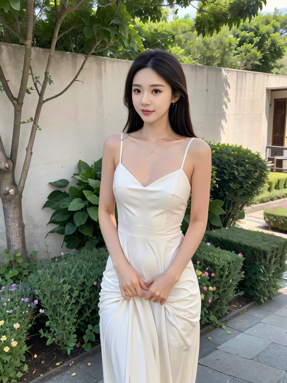 ，masterpiece, best quality，8k, ultra highres，Reallightandshadow，Cinema lenses，(beautidful eyes:1.1)， ((中景 the scene is，The upper part of the body)) ，In a peaceful garden，The gentle goddess wore a light white gauze dress，She walks gracefully among the delicate petals。The sun shone on her through the gaps in the leaves，Reflects her feminine silhouette and bright eyes。