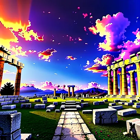 Imagine a scene from the legendary ruins of the Greek temple, do anime cavaleiros do zodico, dramatic sky,  o ar esta vivo e ar ...