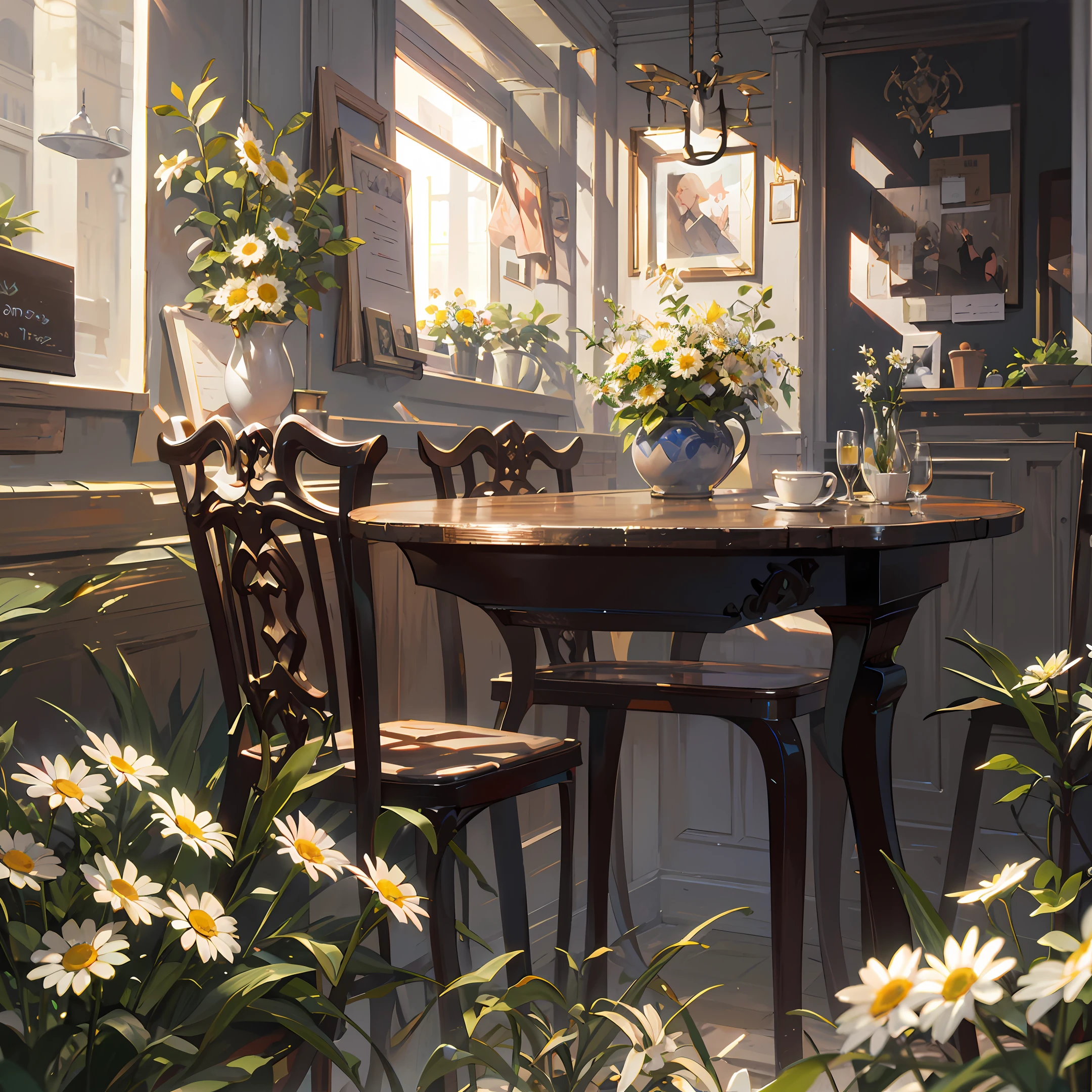 In the hush of early morning, a table at a charming café is adorned with a canvas print of daisies, casting a mesmerizing spell. The vase holds a delightful bunch of chamomile, filling the air with a soft, floral fragrance. The cheerful atmosphere is a gentle invitation to savor the moment. As the flowers bloom in the background, the cozy café setting comes alive with tranquil beauty, creating a highly detailed composition akin to a photoreal render