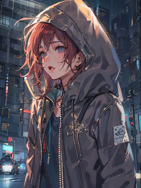 1 girl, jacket, rain, outdoors, hoodie, open jacket, chain, backpack, looking different, messy hair, trending on ArtStation, 8k resolution, highly detailed and anatomically correct, sharp image, digital painting, concept art, pixiv in Trending, Makoto Shin...