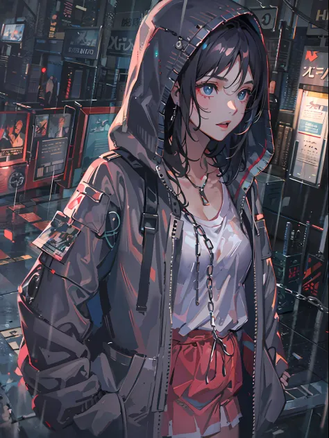 1 girl, jacket, rain, outdoors, hoodie, open jacket, chain, backpack, looking different, messy hair, trending on ArtStation, 8k resolution, highly detailed and anatomically correct, sharp image, digital painting, concept art, pixiv in Trending, Makoto Shin...