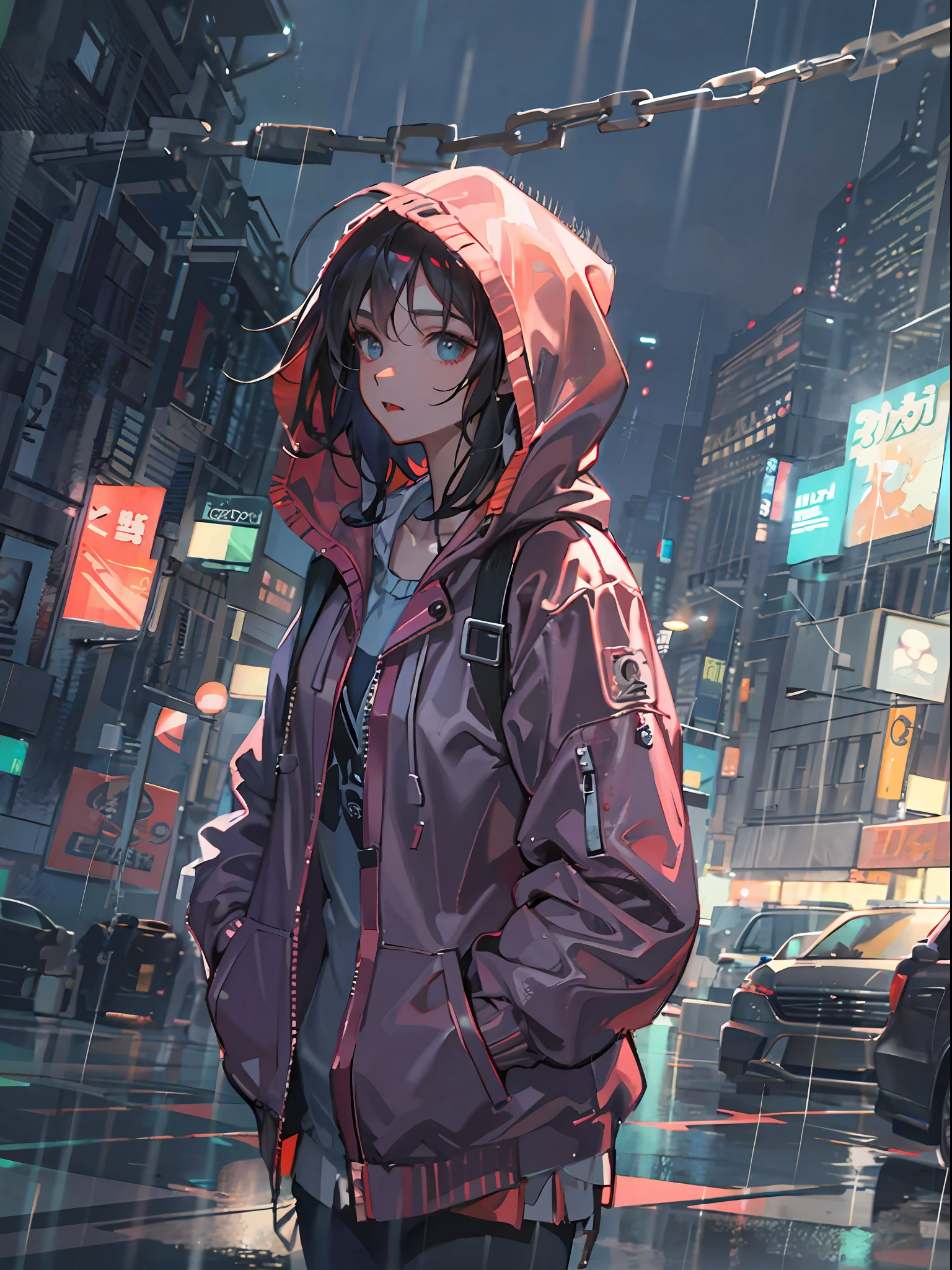 1 girl, jacket, rain, outdoors, hoodie, open jacket, chain, backpack, looking different, messy hair, trending on ArtStation, 8k resolution, highly detailed and anatomically correct, sharp image, digital painting, concept art, pixiv in Trending, Makoto Shinkai's Style, Shinkai's Style