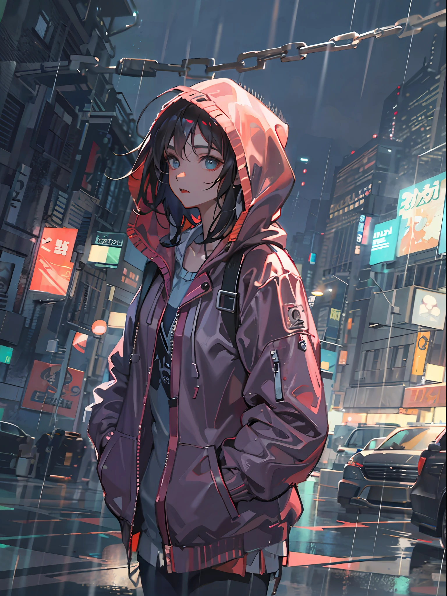 1 chica, Chaqueta, lluvia, al aire libre, sudadera, open Chaqueta, cadena, mochila, Aspecto diferente, pelo despeinado, tendencia en Artstation, Resolución 8K, Altamente detallado y anatómicamente correcto., imagen nítida, pintura digital, arte conceptual, pixiv en Tendencias, Makoto El estilo de Shinkai, El estilo de Shinkai