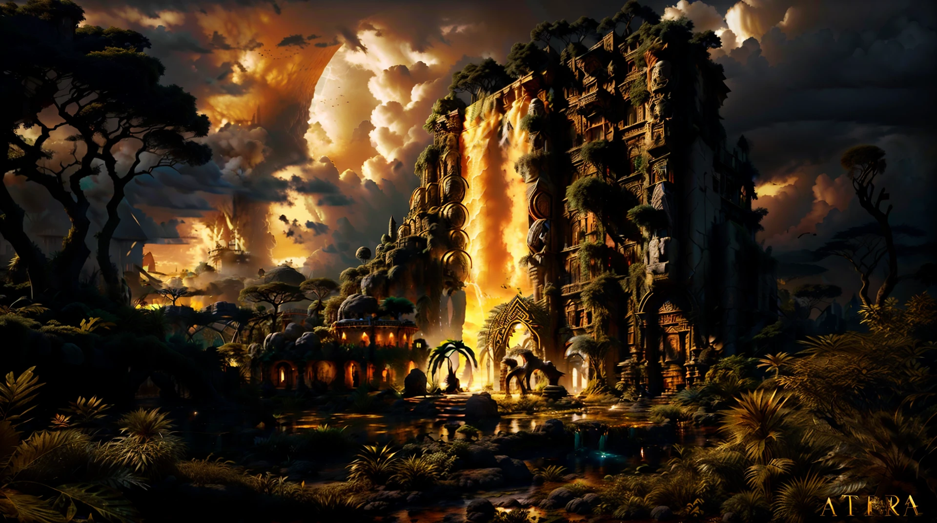 Ruins of an ancestral temple in worship of the Lion King, dense vegetation, paisagem de penumbra com clima de terror, raios, eletricidade, sussurros, detalhes intrincados, highes definition, trend at Art Station