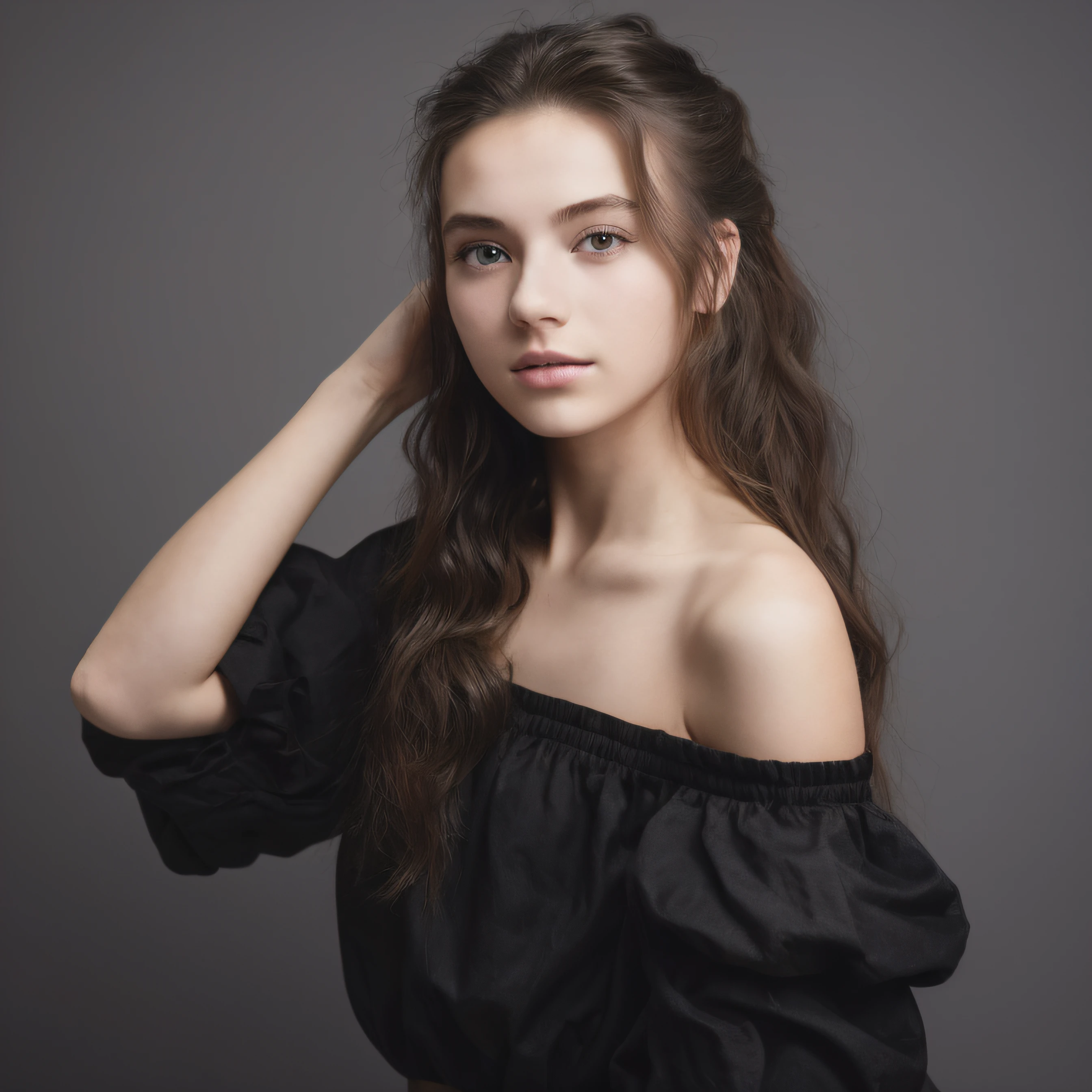 White skin, Cool girl, 16 years old, European and American model, Hair tied up, Black stylish off-the-shoulder clothes, Long Boha, Simple white background, Photography, Half shot, Positive perspective, Ultra high quality, Aperture 8, Studio light, outline light, 8K