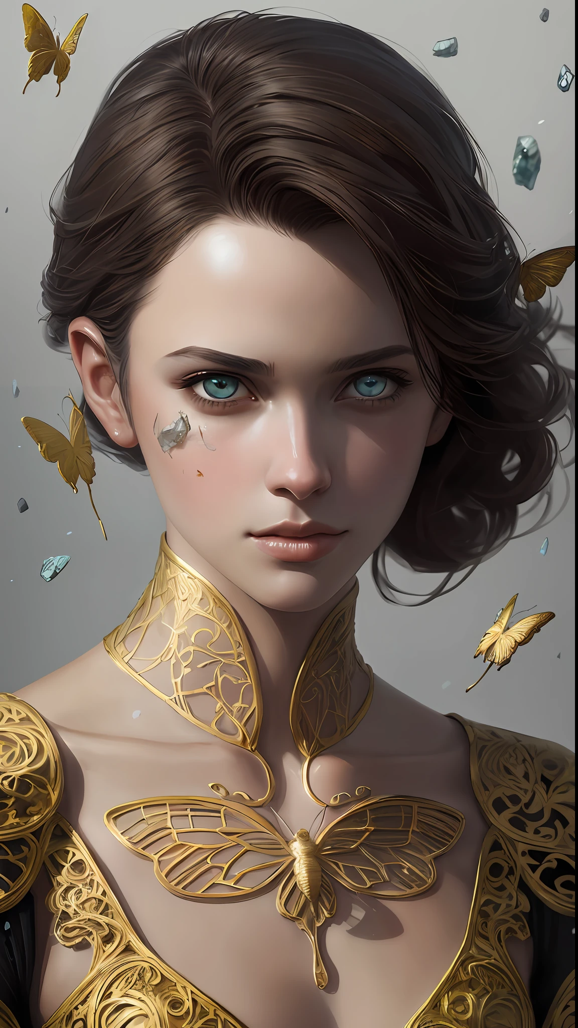 8k portrait of beautiful cyborg with brown hair, intricate, elegant, highly detailed, majestic, digital photography, art by artgerm and ruan jia and greg rutkowski surreal painting gold butterfly filigree, broken glass, (masterpiece, sidelighting, finely detailed beautiful eyes: 1.2), hdr,