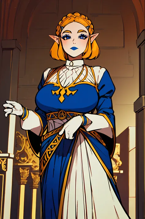 Queen in a royal blue dress standing in a Castle Hall, queen zelda, breath of the wild art style, queen zelda, botw style, zelda with triforce, wearing crown, heavy blue lipstick, Queen Dress, Tapered Dress with corset, Banquet Dress, Queen fancy Makeup, l...