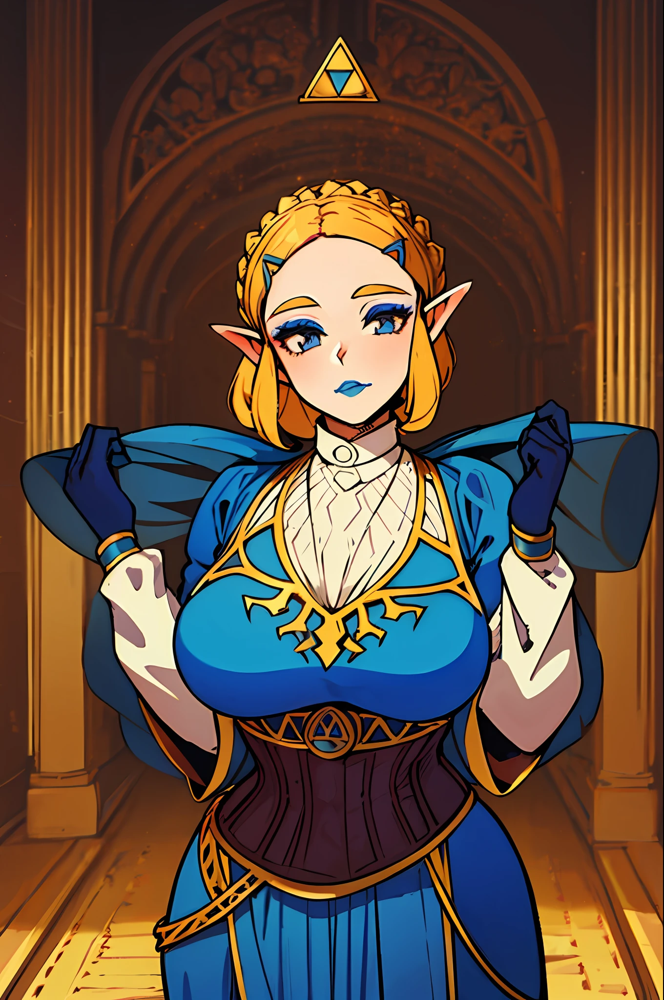 Queen in a royal blue dress standing in a Castle Hall, queen zelda, breath of the wild art style, queen zelda, botw style, zelda with triforce, wearing crown, heavy blue lipstick, Queen Dress, Tapered Dress with corset, Banquet Dress, Queen fancy Makeup, large fancy wide-cuff gloves, white cuff gloves with gold trim, queen crown, wide queen crown