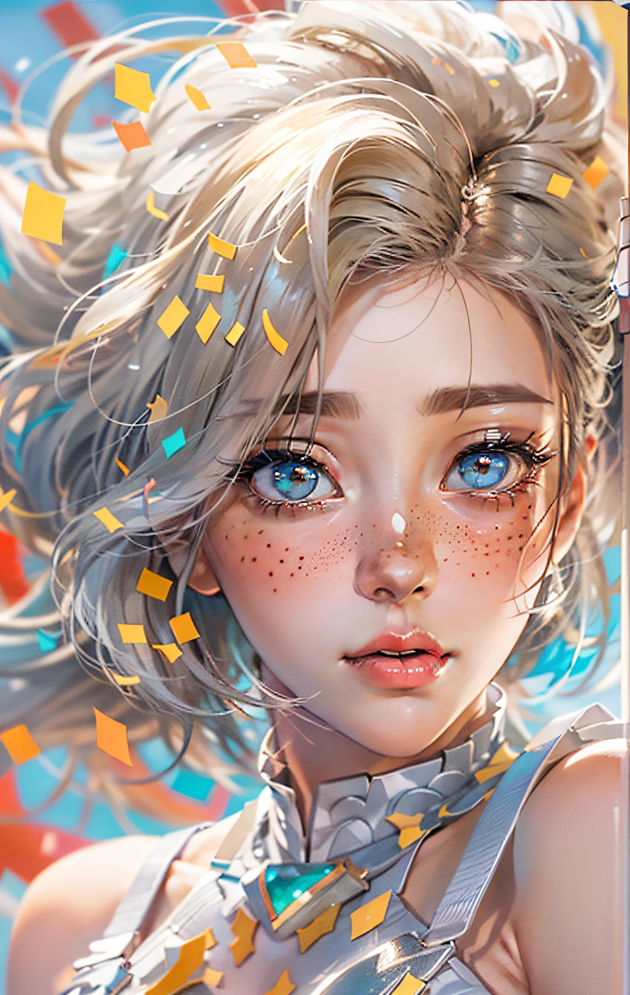 ((ultra detailed)),((Bright eyes)), (Detailed eyes) , 8k, blink blink, (The Little Faux Freckles Makeupgirl), ((realistic skin)), ((focus detailed 2 straps on the shoulders of dress)) , ((shiny facial skin)), with colorful hair and a colorful dress, rossdraws pastel vibrant, rossdraws cartoon vibrant, style anime 8k, beautiful portrait, artgerm colorful!!!, ! dream artgerm, beautiful anime girl, styled digital art, art wallpaper 8k, digital art, extremely detailed artgerm,