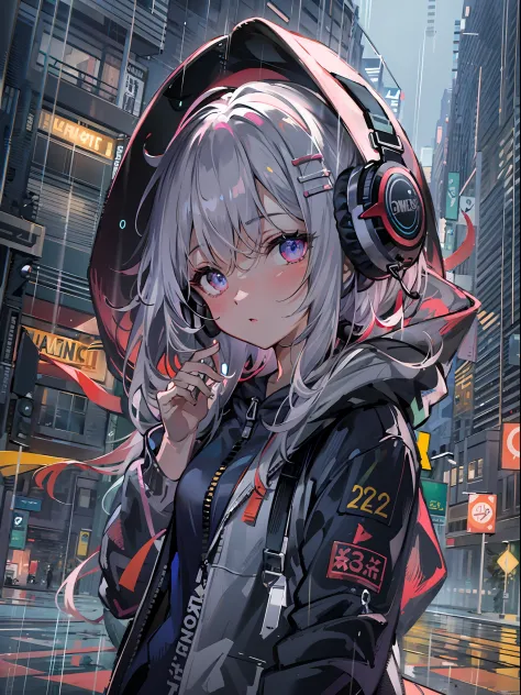 masterpiece, girl alone, solo, incredibly absurd, hoodie, headphones, street, outdoor, rain, neon,