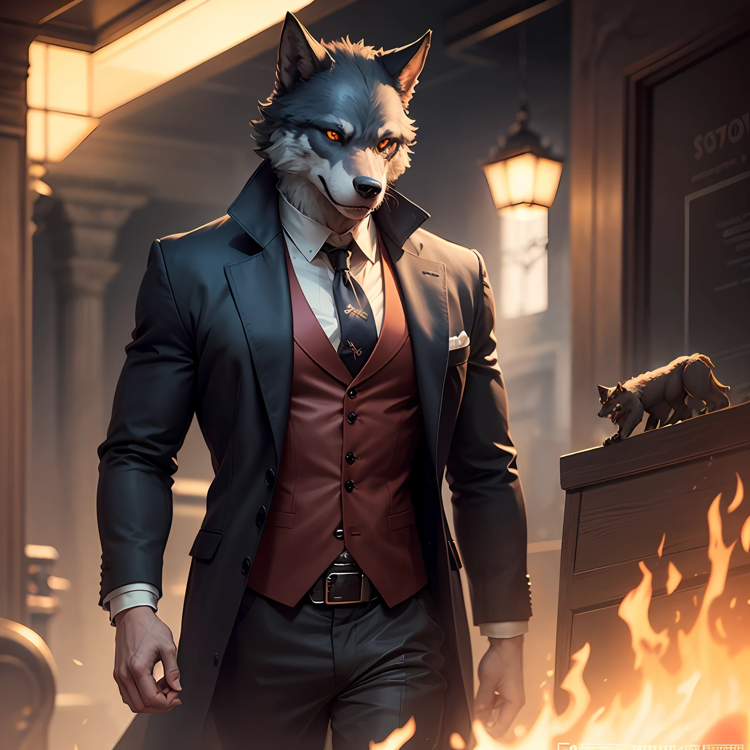 Arafed image of a man in a suit and tie with a wolf mask - SeaArt AI