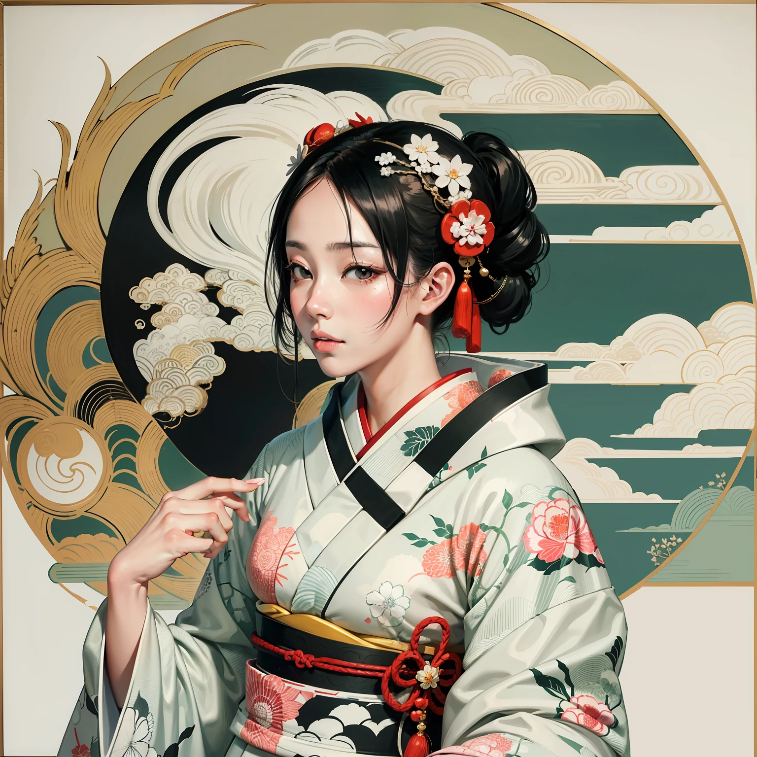 ukiyoe painting、A logo、Hinomaru、Woman in beautiful kimono、Komono、black-and-white、8K、super-fine、Japan sunny、