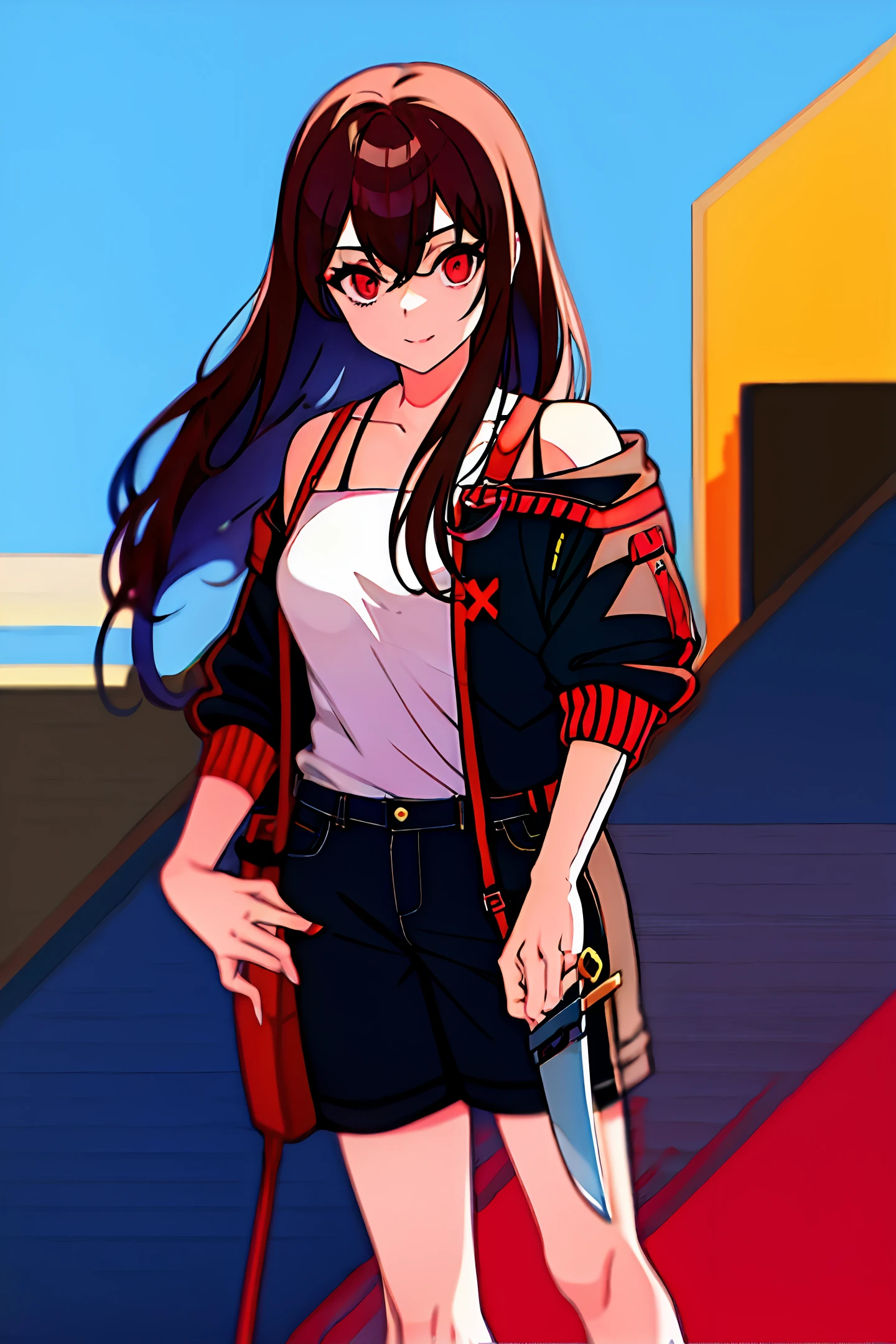 Brunette Girl Red Pick and Dye, Red Eyes, Red Eye Makeup, Casual Clothes, Crop Button, Bare Shoulders, Cyberpunk, Dark Night, Tang knife in hand, White shoes, Cross suspenders on chest, Quadratic