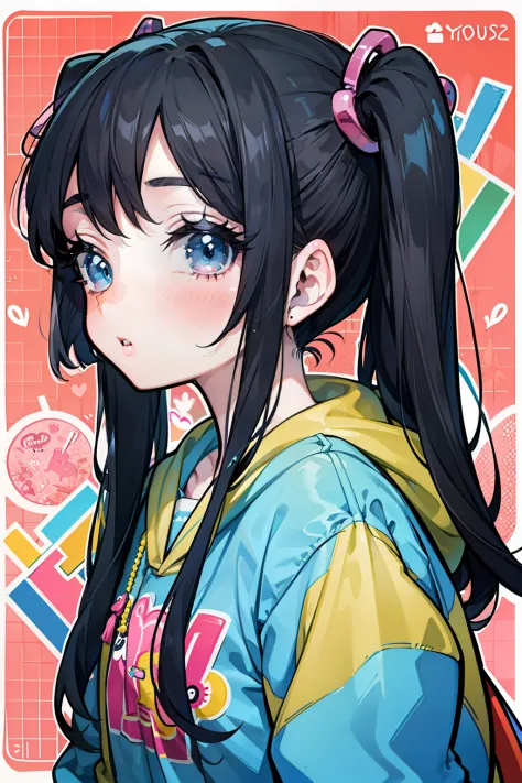 Yume Cute、an anime girl、Head and body are low、Deformed、cartoon、Sickly cute、Harajuku、Casual clothing、Kitschy aesthetics、long eyelashes、lipgloss、Black hair twintails、subculture、Newspaper background with line chart
