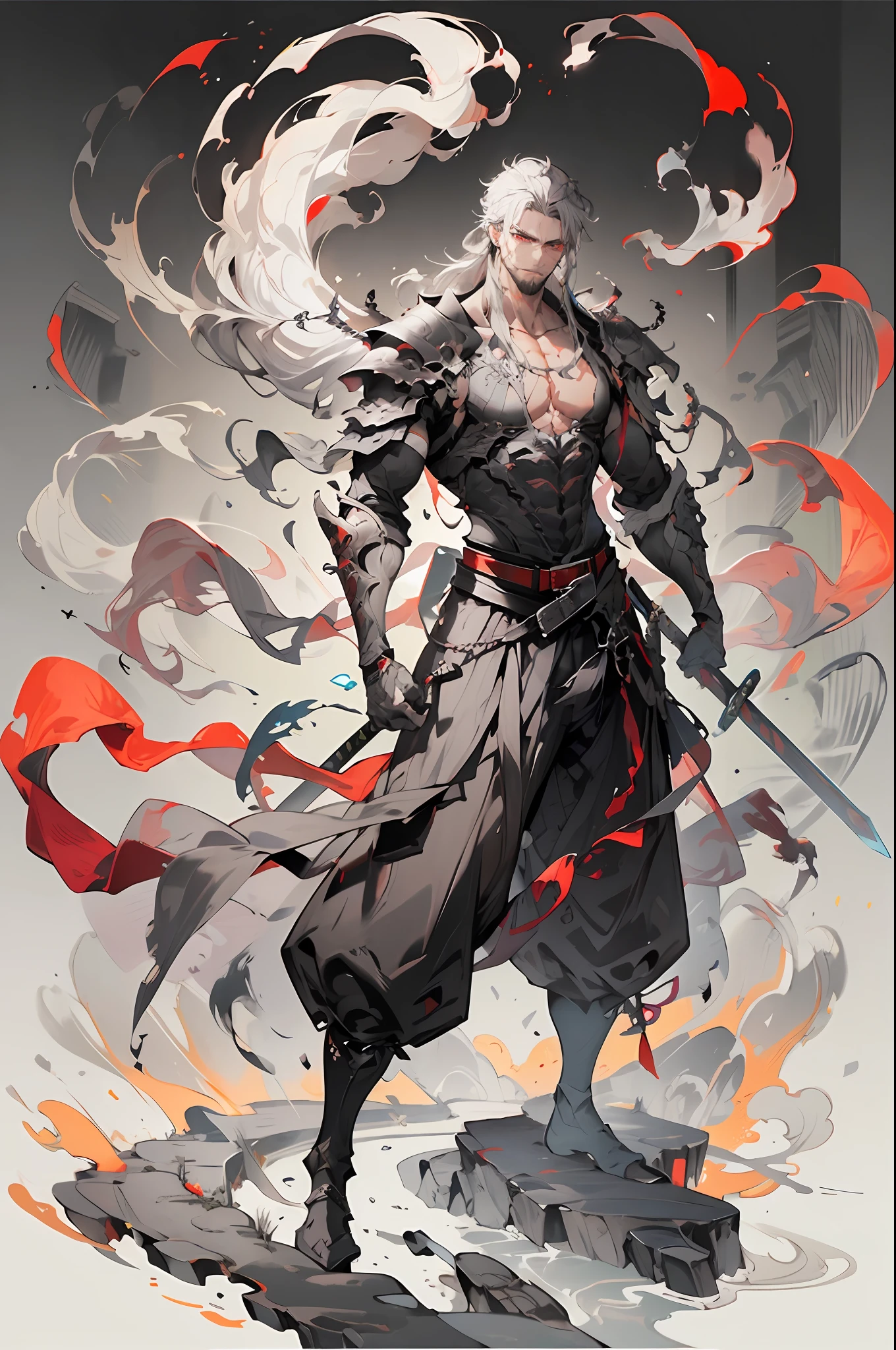 1boy, weapon, male focus, , long hair, , , holding sword, , , standing, armor, grey hair, sheath, pectorals, , belt, scabbard, shoulder armor, full body, smoke, facial hair, jewelry, pants, red eyes, , muscular, ,,
FH