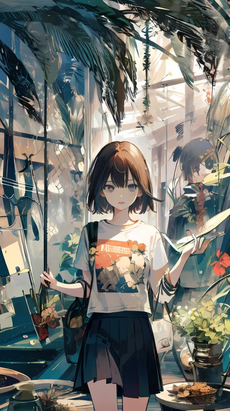 ​masterpiece､hight resolution､depth of fields、dynamic ungle､girl with､1人､tshirts､skirt by the､in woods､naturey､Eau