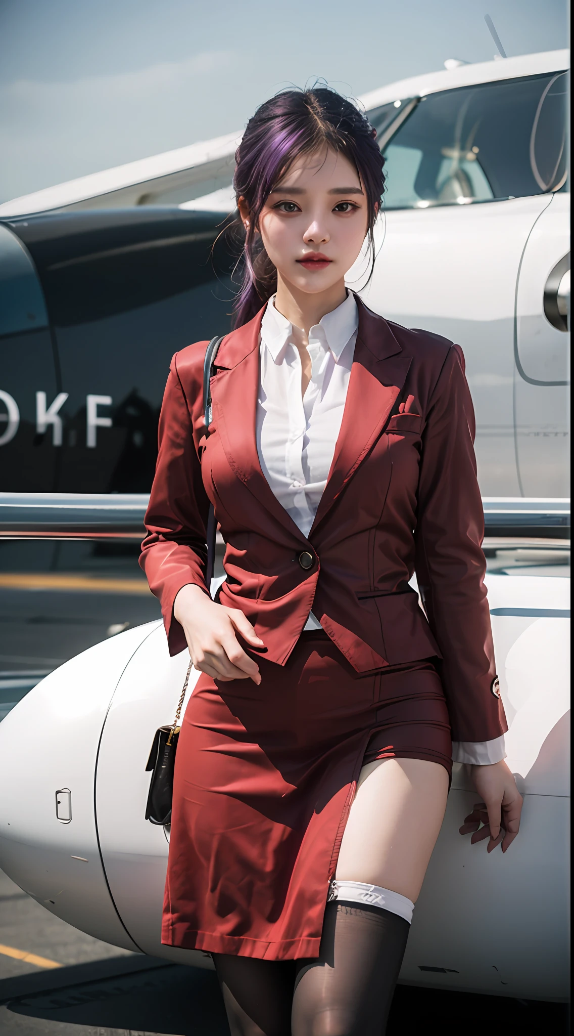 (最好的品質: 1.1), (實際的: 1.1), (攝影: 1.1), (高度細節: 1.1), (1位女士), 航空公司空服員,紅外套,白襯衫,短裙,黑色長襪,在飛機上,卡夫卡HKS,香港,紫色的眼睛, 紫色頭髮,