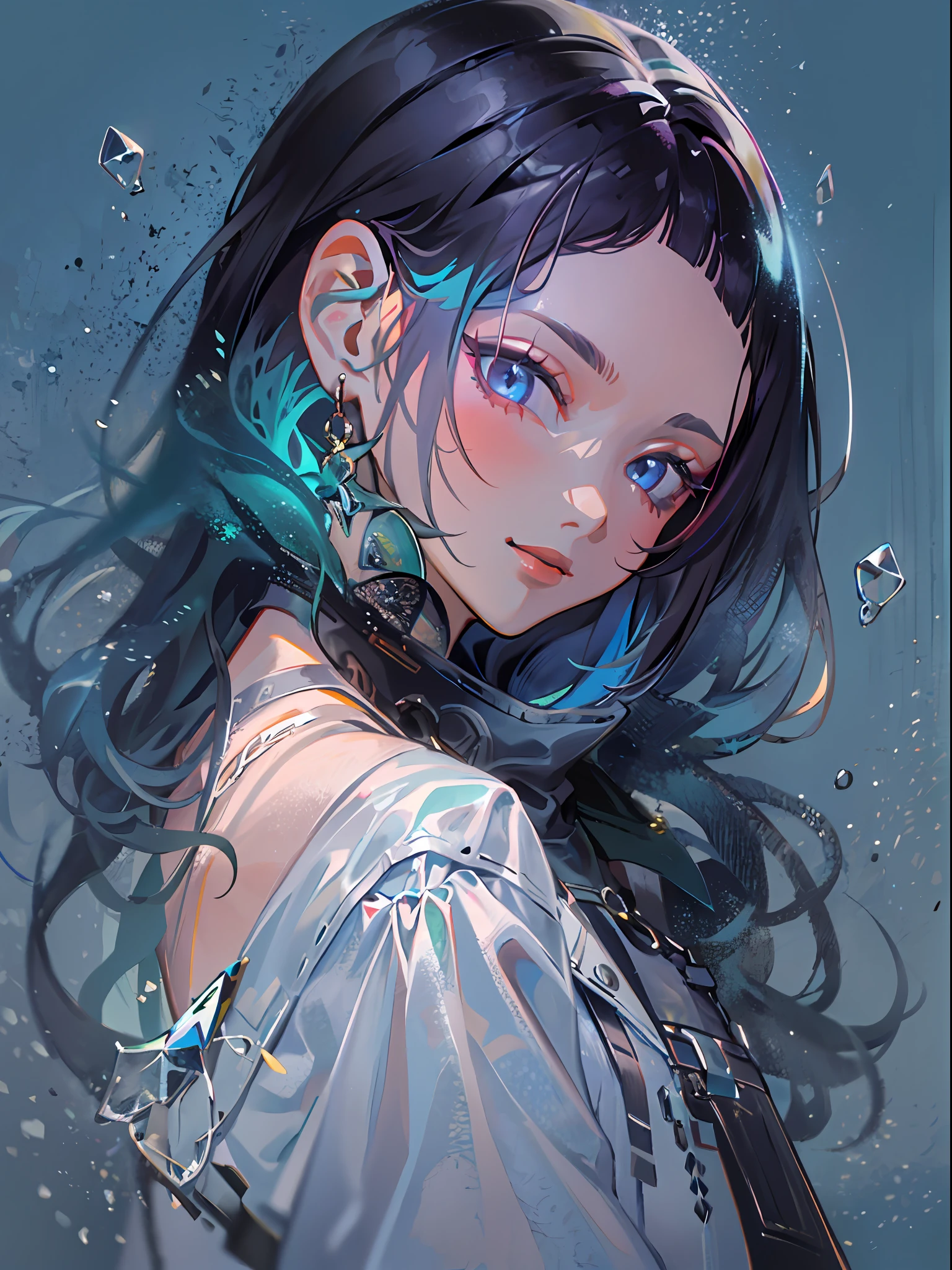 ((top-quality)), ((​masterpiece)), ((ultra-detailliert)), (extremely delicate and beautiful), girl with, 独奏, cold attitude,((Black jacket)),She is very(relax)with  the(Settled down)Looks,A dark-haired, depth of fields,evil smile,Bubble, under the water, Air bubble,bright light blue eyes,Inner color with black hair and light blue tips,Cold background,Bob Hair