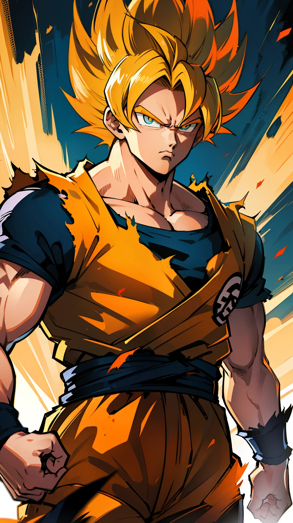 Son Goku Super Sayajin olhando para o espectador, cara séria. Aura de poder amarelo laranja. músculos. Luz suave. arte digital. vestígios de anime dos anos 90. Roupas rasgadas laranja. rosto definido,