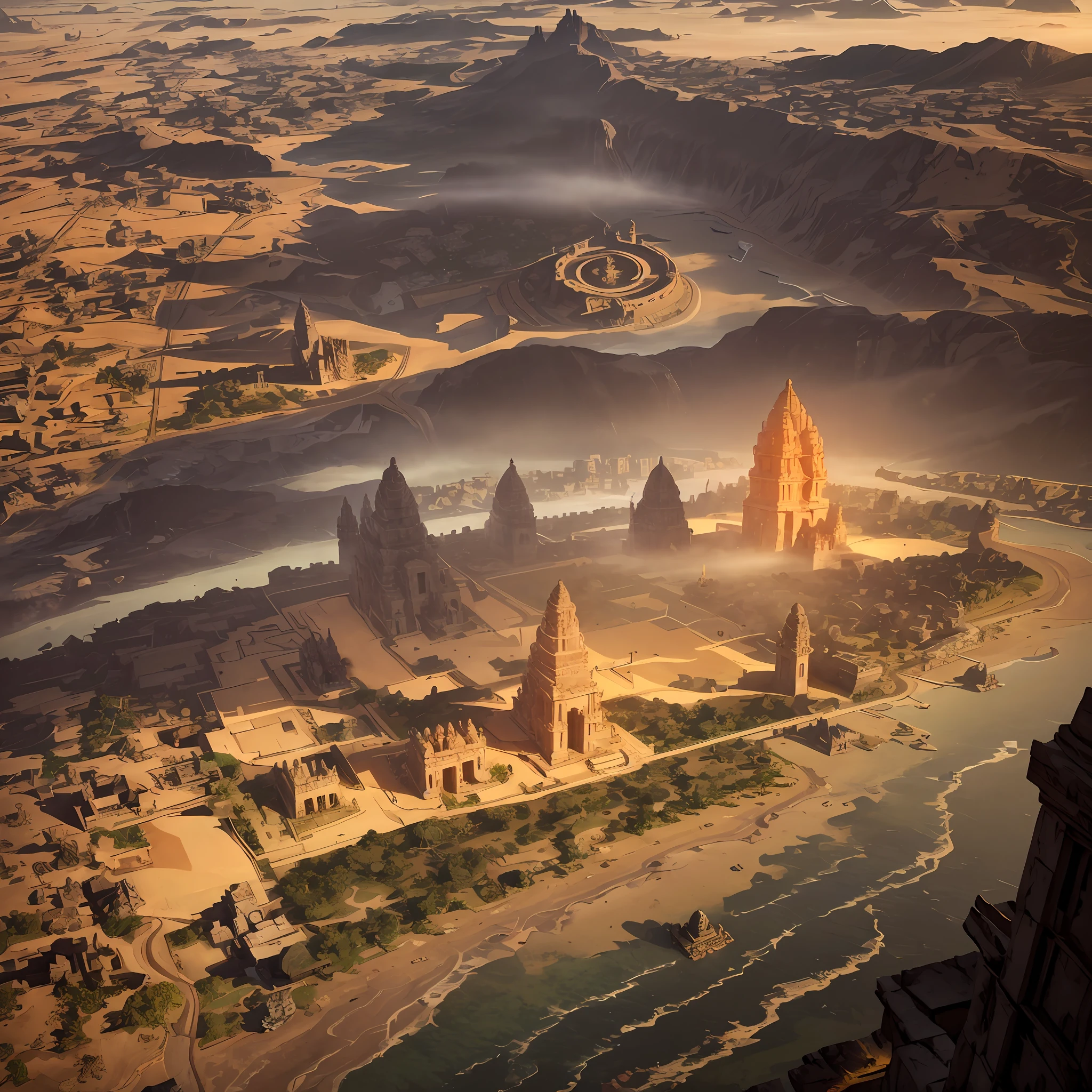 aerial view,Ancient Golden "Indian" City Civilization with Grid system, Majestic Temple amd dozens of Royal Houses made of gold metal,Unreal engine 5,by the sea shore , indian architecture, Hinduism and Buddhism Style,Misty,Mysterious,Flimy., Dramatic lighting, beautiful sky.